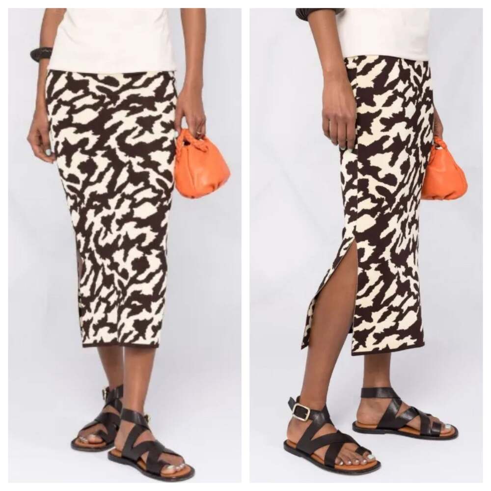 Nanushka Midi Skirt Revolve Brown & Cream Animal Print Wool Stretch